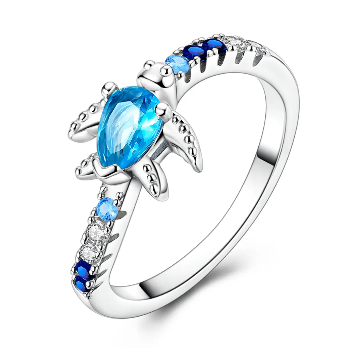 MULA Women's Turtle Animal Graphic Ring - Silver-Plated Seashell Themed Playful Style Jewelry with Blue Colored Gemstone, Rhinestone Statement, for Birthday, Summer Vacation, Playful Style Rings, Seashell Themed Rings