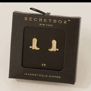 secret box studded western cowboy boot earrings silver & gold
