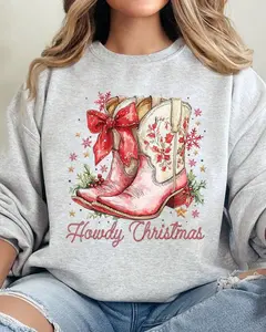 Howdy Christmas Coquette Boots Heavy-weight Crew Sweatshirt Christmas 2024