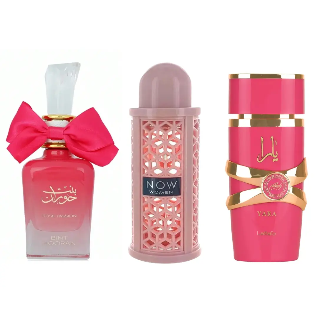 Lattafa Women's Multi-Pack Boxed EDP Fragrance Set - Arabic Perfume Women, Bint Hooran Rose Passion, Now Rave, Yara Candy Vanilla Scent, 3.4 fl oz (100ml) Everyday Use
