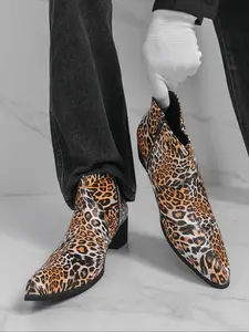 Men's Pointed Toe Chelsea Boots, Embossed Pattern High Heel Rubber Ankle Boots, Stylish Men's Footwear, Perfect for Casual and Formal Wear