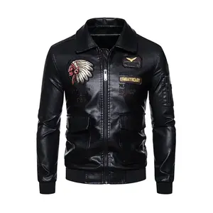Men's black retro faux leather jacket, embroidered with Indian chief and battle ready patches, military pilot style street jacketRAIMENTRY