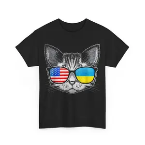 Ukraine US Flag Roots Cat Ukrainian American Unisex T-Shirt Casual Clothing Menswear Top