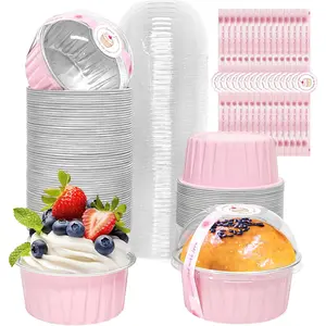 100 Pack 5oz Cupcake Pans with Dome Lids, Disposable Ramekin Cupcake Liners,Reusable Mini Muffin Case Dessert Containers for Birthday Wedding Party