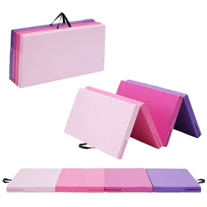 Folding Gymnastics Gym Exercise Mat, 6ft x 3ft x 2in PU Leather Tumbling Mats with Handle for Stretching Yoga Cheerleading Martial Arts, Pinkish Purple
