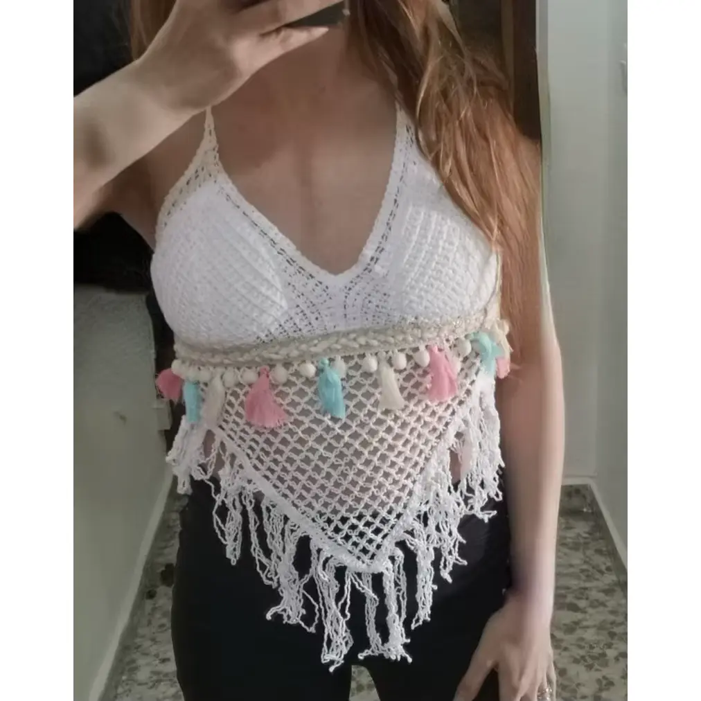 Knitted Crochet Crop Tops for Women, Tassel Tanks Tops, Crochet Swimming Camis, Bead Work Beachwear, Padded Beachwear, Dis0 HECAIYUN