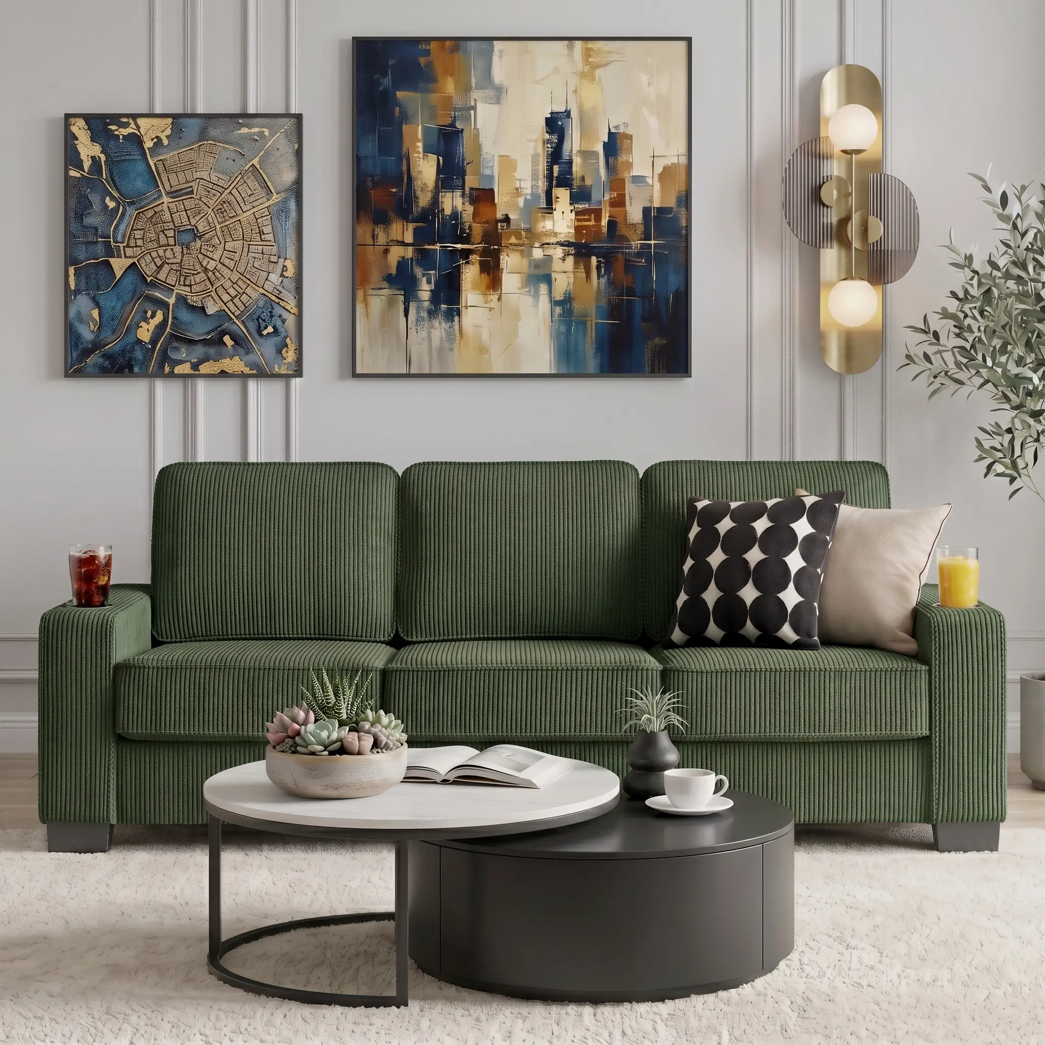 Eyisean 84" Corduroy Modern Upholstered Sponge Sofa - 3-Seater Oversized Cloud Couch with Built-in Cup Holders, Armrests, 22.05 in Extra Deep Seat, 34.65 in Polyurethane Foam Cushioning, for Living Room, Bedroom, Easy Assembly Required