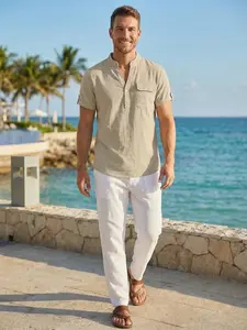 Men’s Summer American-Style Linen Loose Fit Minimalist Casual Commuter Workwear Henley Short-Sleeve Shirt 67 men's shirt graphic tees Crewneck White T-shirt Todo a su tiempo Hoodie Unisex Vintage humorous butcher Corduroy Striped Jacket Beige Shortsleeve