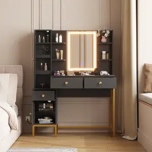 Modern Makeup Vanity Desk with Mirror and Lights – Makeup Vanity with Jewelry Storage, Cabinet, Drawers with LED Lighting & Charging Station for Bedroom