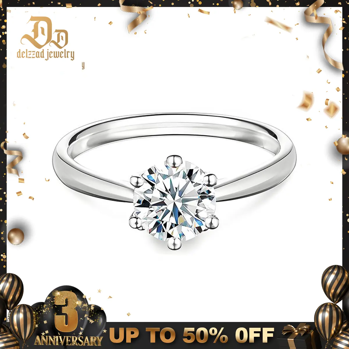 Delzzad S925 Solitaire Classic Six-Prong Ring Lab-Created Moissanite Engagement Ring Band Moissanite Jewelry Perfect Christmas Gift