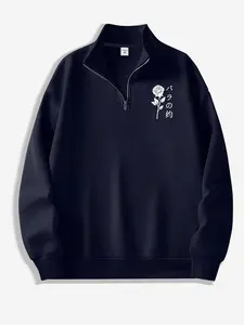Rose Promise Fashion Print Zipper Stand Collar Sweater, Casual Street Trendy Pullover for Leisure Occasions, Spring & Fall