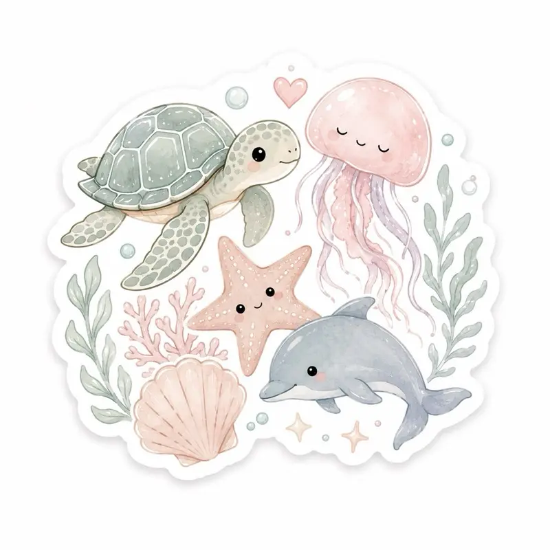 Pastel Ocean Friends Sticker | Kawaii Sea Animal Vinyl Sticker | Cute Turtle, Dolphin & Jellyfish Decal | Waterproof Beach Sticker