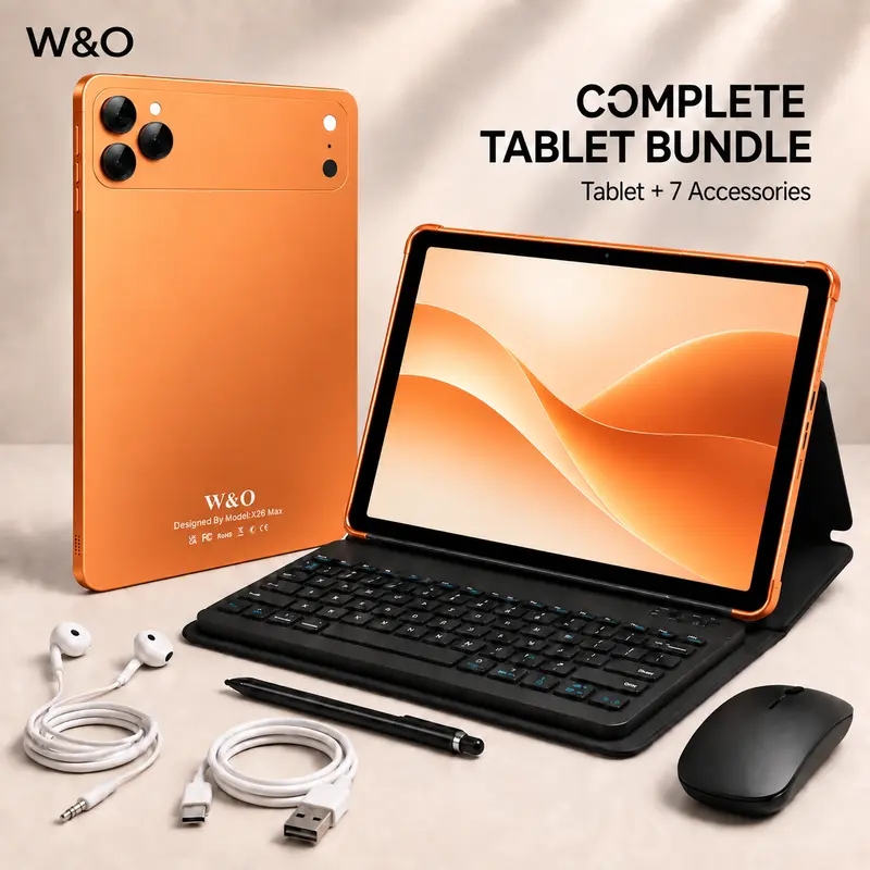 W&O X17 Ultra Android 15 Tablet Computer, 10.1in OLED Display Touchscreen Android Tablet, 6+2GB RAM, 256GB Storage, Hexa-Core CPU, 16MP Rear Camera, 9-in-1 Stylus Kit (Keyboard, Mouse, Stylus, Case, Wireless Charger), for Students