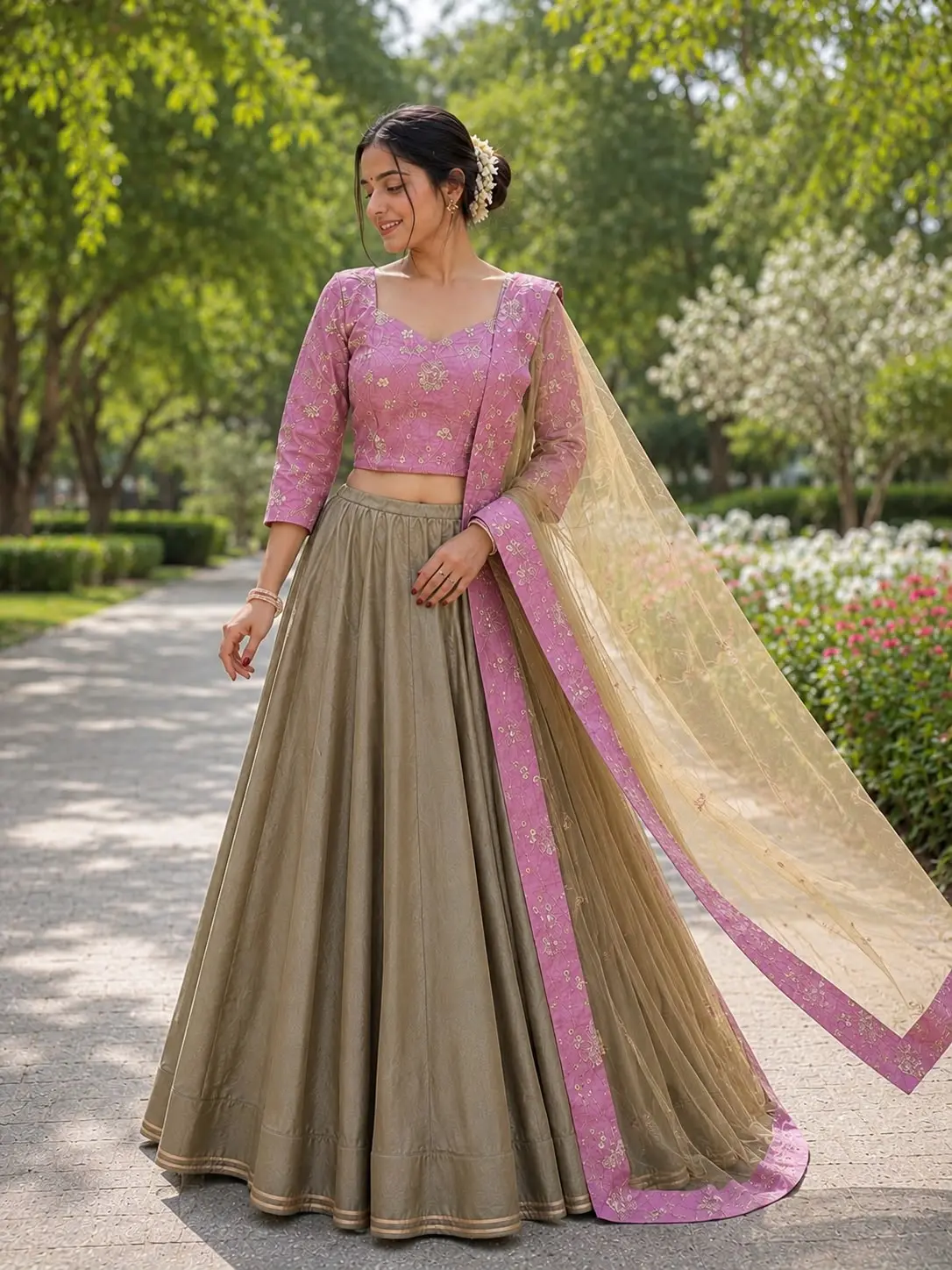 Luxury Pista Green Chinon Lehenga Set – Can-Can Flare with Pink Embroidered Blouse & Net Dupatta