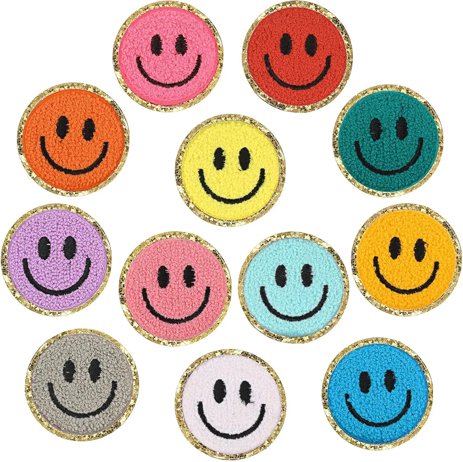 12 Pcs Smile Face Patch Iron On Patches Happy Face Chenille Patches for Clothes Dress Jackets Smile Patches for Hats Cute Embroidery Patch DIY Craft Applique