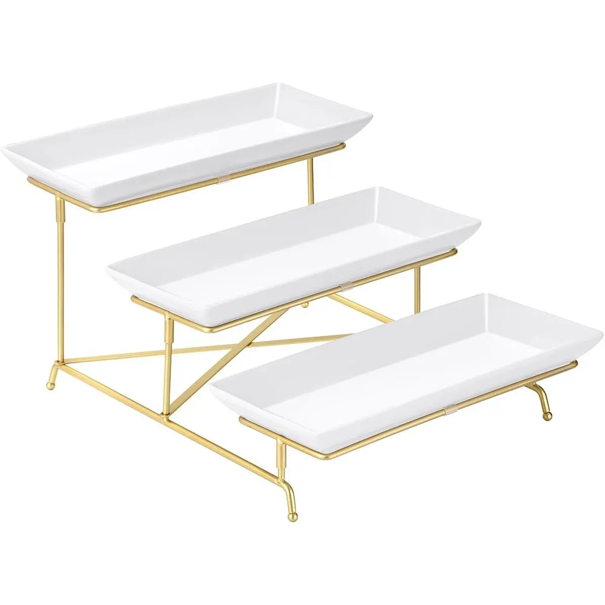 3 Tier Serving Tray Set 14 Inch Porcelain Tiered Serving Platters, Collapsible Sturdier Stand with  Cross Bars, Three Layer Serving for Party Entertaining  Display Fruit Dessert