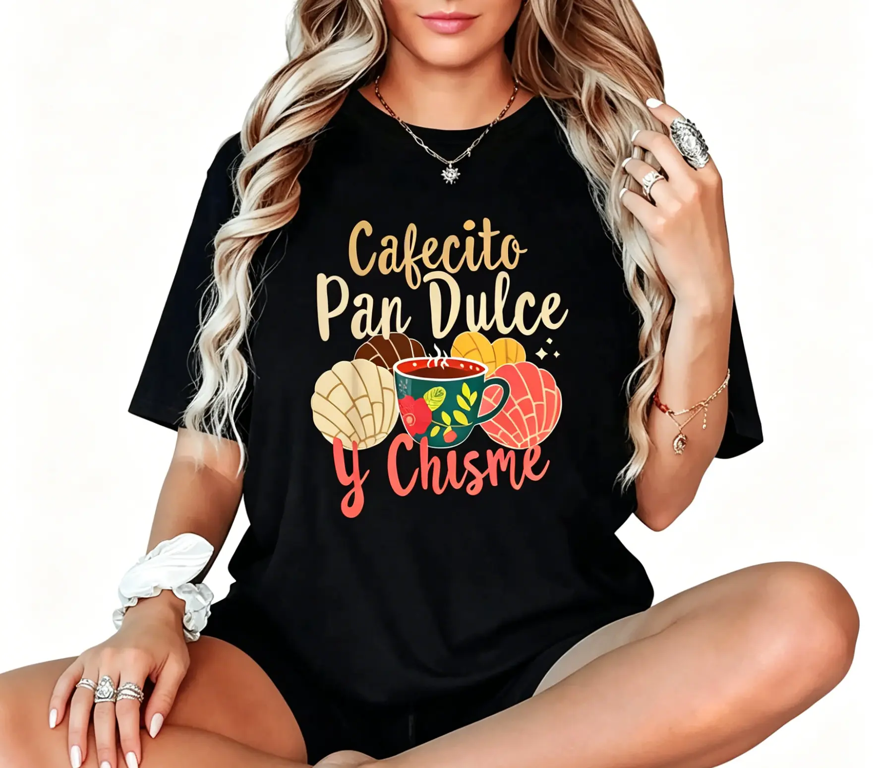 Hispanic Mexican Concha Coffee Cafecito Pan Dulce and Chisme Graphic T-Shirt for Summer Soft Comfortable Women'S Short Sleeve Top