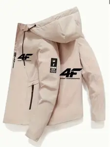 Men's Waterproof Hooded Jacket with Logo, Heavyweight Full Zip Outdoor Windbreaker, Fitted Graphic Design, Polyester Fabric, Waterproof Windproof Outerwear