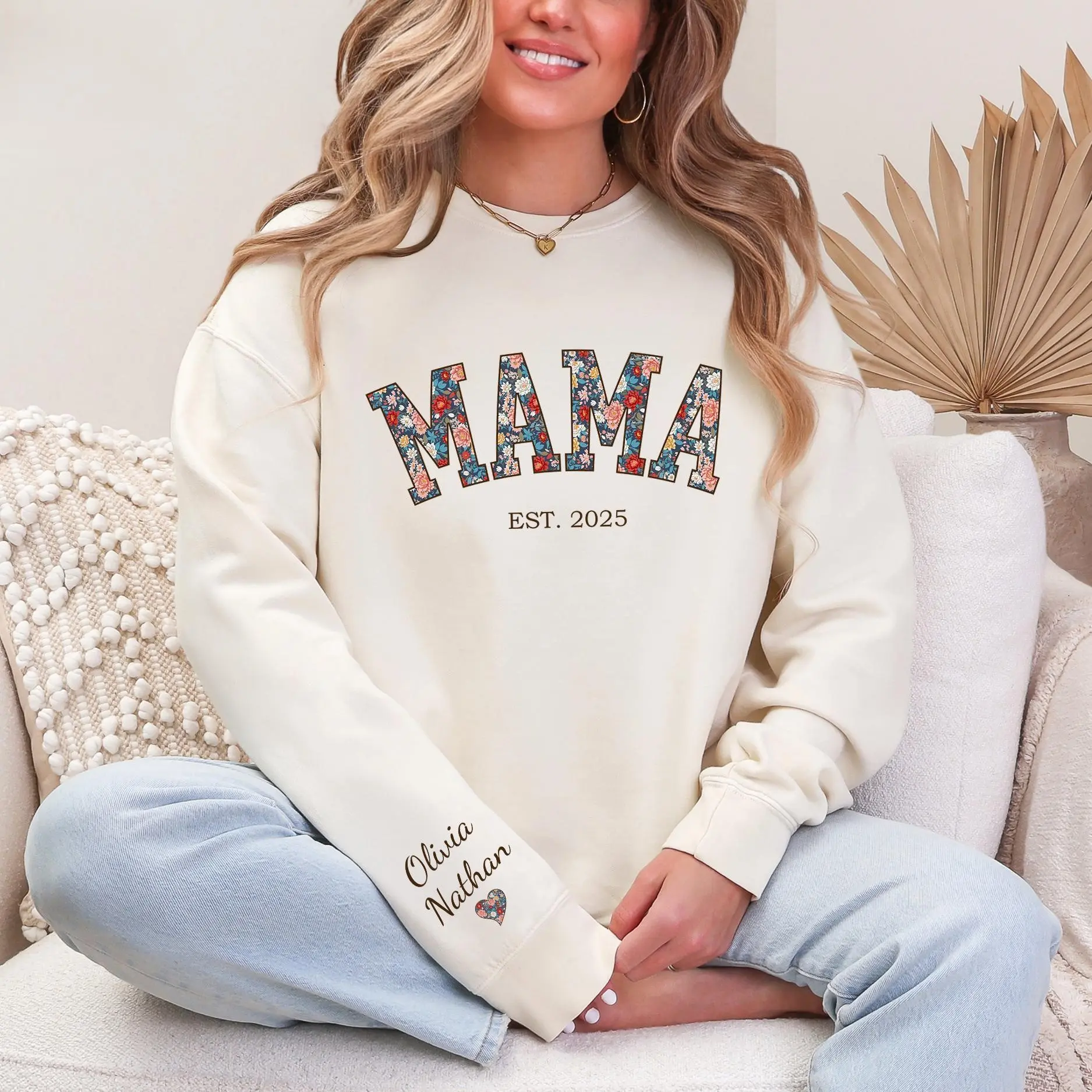 Personalized This Mama Wears Her Heart On Her Sleeve Sweater, Custom Mom With Kids Names Hoodie, Motherhood Gift, Mother's Day Gifts