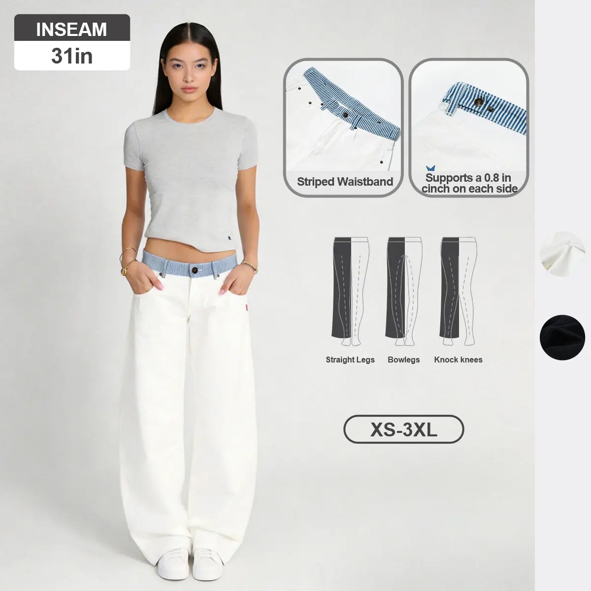 Pwest NYC Jodie Adjustable Low-Rise Loose-Barrel Leg Cotton Jeans - 2000s Vintage Clothes, Female Stylish White Jeans, Adjustable Snap Buttons, Color-Blocked Waistband, Soft Cotton Fabric, Back to School Sports Bottoms