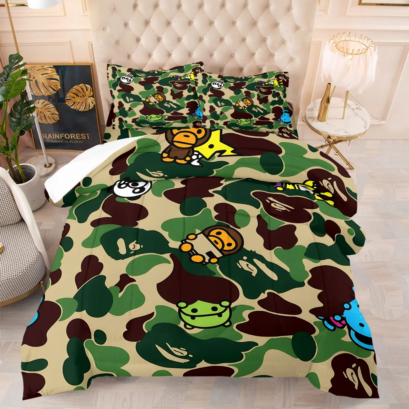 Army Camouflage Bedding Comforter Set,Includes One Comforter and One or Two Pillowcases,BAPE Classic Camouflage Colorful Cartoon Patterns,for Boys Girls Teens Bedroom Decoration Gift, Soft Bedding Set