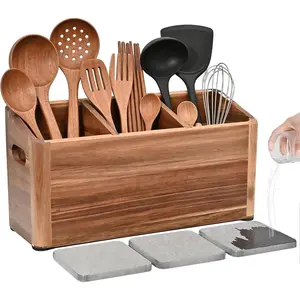 Wooden Utensil Holder for Kitchen Counter - Large Utensil Organizer with 3 Compartment, Cooking Tool Crock & Farmhouse Kitchen Accessories