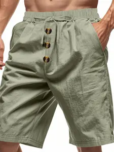 Men's Fashion Decorative Button Shorts, Casual Elastic Waistband, Summer Beach Pants, Loose-Fitting, Plain Pattern