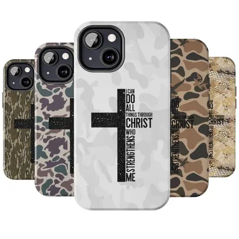 Vintage Religious Preppy Street Smartphone Case - "I Can Do All Things Through Christ Who Strengthens Me" Camo Cross TPU Waterproof Cover for iPhone 1-16 Handheld Devices, Protective Casing Accessory