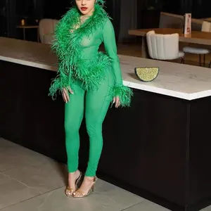 New Solid Color Fashion Fur Collar Lace-Up Top Tight Elastic Pants Set