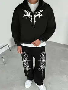 Men's Casual Sportswear Set, Includes Hooded Sweatshirt and Sports Pants, Artistic Pattern, Street Style Dark Trend, Athletic Tracksuit Set
