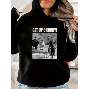 Hoodie with “GET UP CHUCKY!” Graphic and Retro Movie Scene Print