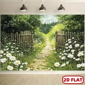 Premium Polyester Fabric Photo Backdrop, 1pc Summervibes 2D Flat Banner (3.3m x 203.2cm) with Countryside Garden Theme, Wooden Fence, Pathway, Daisy Flowers, Dense Greenery, Soft Texture for Photography, Events, Photo Backdrops