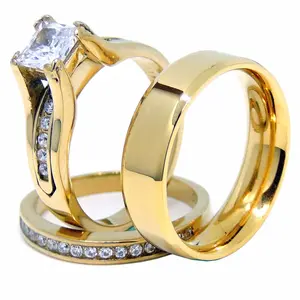 14K Gold Plated Princess CZ Engagement Ring Set for Women & Men's Matching Flat Band Elegant Couples' Set with Synthetic Diamond for Special Occasions