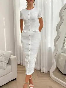 Women's Plain Zipper Back Round Neck Dress, Casual Fake Button Decor Short Sleeve Crew Neck Dress for Daily Wear, Ladies Clothes for All Seasons, Formal Wear