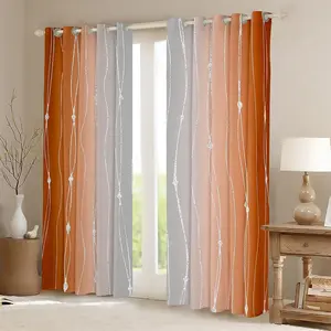 Grey and Orange Watercolor 50% Blackout Curtains,Wave Stripe and Dots Geometric Aesthetic Ombre Gradient Window Curtains