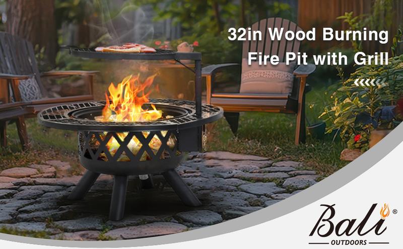 BALI OUTDOORS 2-in-1 Wood Burning Fire Pit with Removable Cooking Grill, Black BALI OUTDOORS 2-in-1 Wood Burning Fire Pit with Removable Cooking Grill, Black