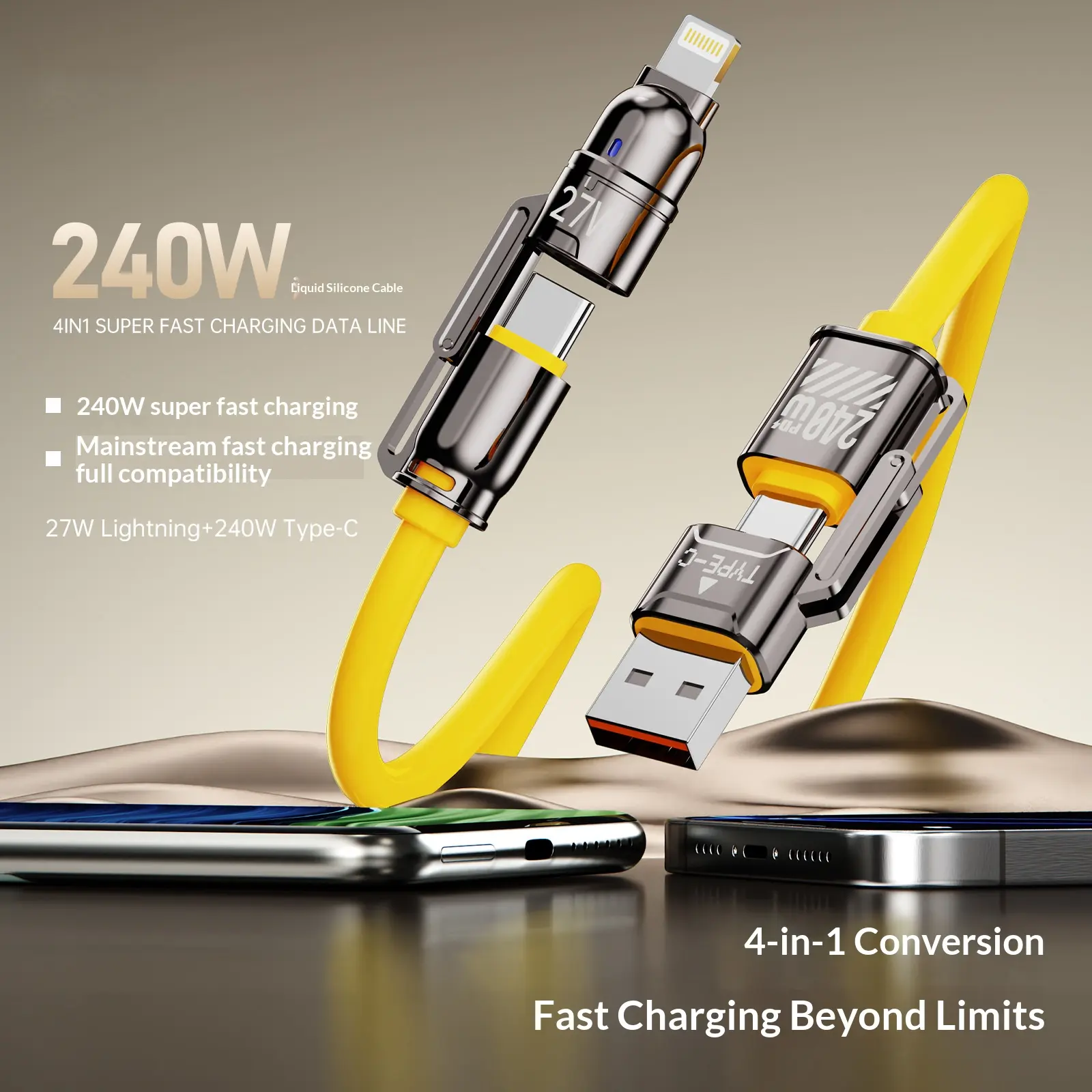 2026 240W Silicone 4-in-1 Multi-Fast Charging Cable (47in) with USB A, Type C, Lightning Ports for iPhone 17/16, Samsung Smartphones/Cellphones, Laptops - Smart PD/QC Dual Input Output Led Charger, Retractable, Android, Mobile