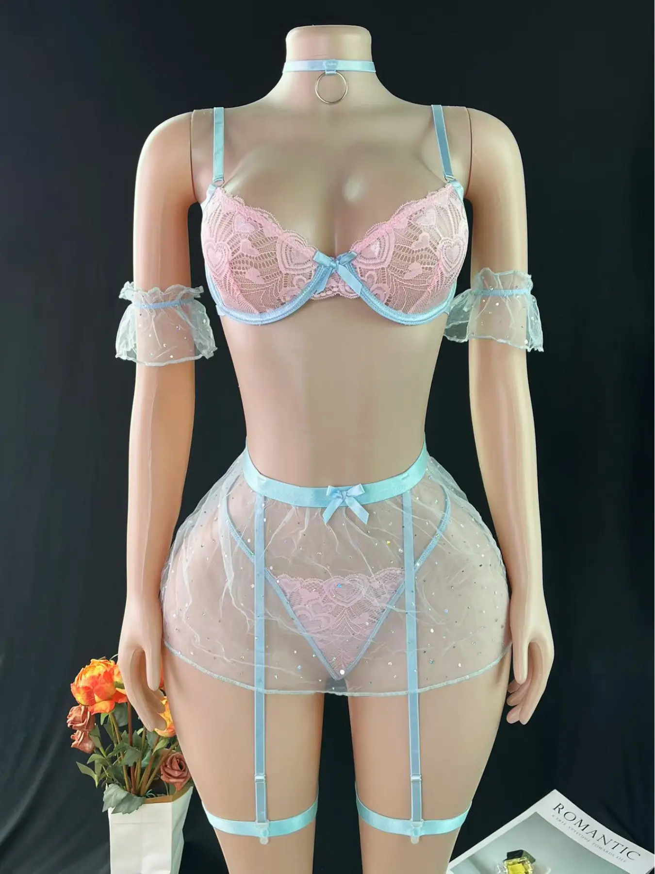 Glitter Star Mesh Lace Spliced Underwire 8-Piece Lingerie Set, Sheer See-through Outfit with Top, Thong, Skirt, Choker, Leg Rings and Arm Sleeves for Private Parties, Underwear