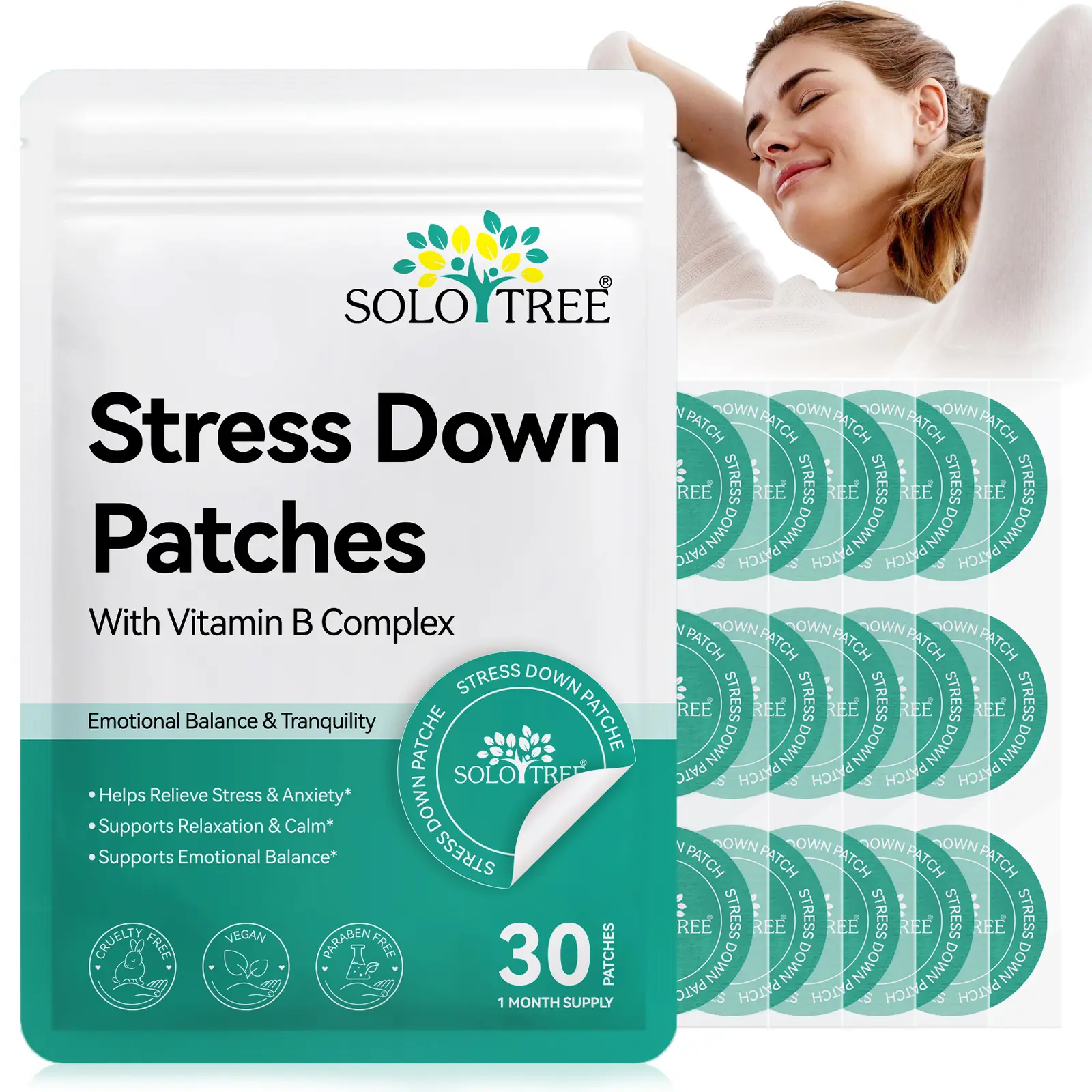 Solotree Stress Relief Patches 30pcs/bag, Natural Extracts From Lychee Fruit & Cortex Lomatii with Vitamin B Complex, Promotes Relaxation & Emotional Balance