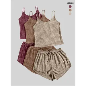 Women’s Solid Ribbed Cropped Camisole Top & Shorts Set, Casual Sleeveless Top & Shorts, Summer Clothing Set for Ladies Outdoor Holidays GARMENTARY