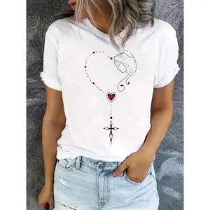 Women's Casual Short Sleeve Crew Neck T-Shirt - Heart & Cross Print with Whimsical Doodle Design, Medium Stretch Breathable Fabric, Machine Washable Spring Summer Top, Cute T Shirts, Relaxed Fit Tee, Comfortable Fabric
