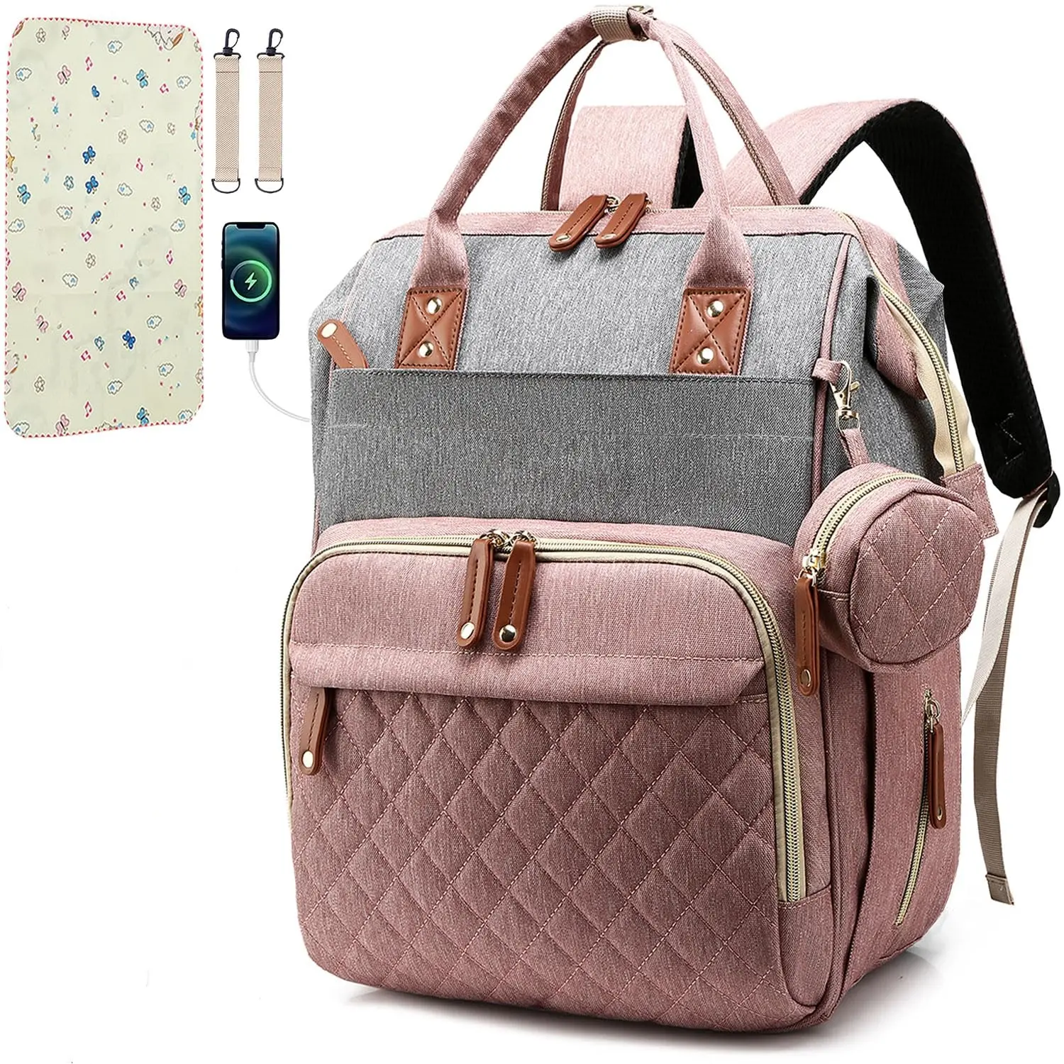 Baby Diaper Bag Backpack with Changing Pads mommy Bags Boys Girl Unisex Multifunction Travel Baby Diaper Bag with USB Port and Quilted Design