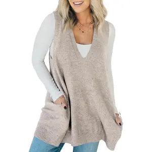 ARTFREE Womens Sleeveless Sweater Vest V Neck Casual Loose Knit A Line Flattering Tunic Top with Pockets