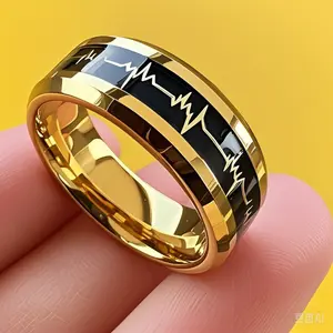 stainless steel couple rings with heartbeat and carbon fiber design, black background electrocardiogram for boyfriend and girlfriend