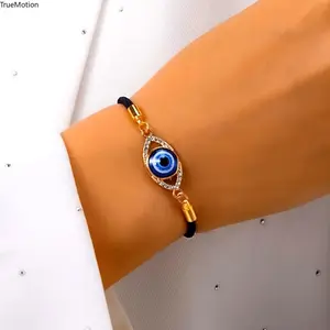 Women's Turkish Evil Eye Enamel Charm Bangle, Adjustable Cord Stackable Spiritual Protection Bracelet, Fashion Jewelry Birthday Gift