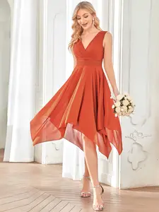 Ever-Pretty V Neck Ruched Asymmetrical Hems Midi Chiffon Bridesmaid Dress 03142