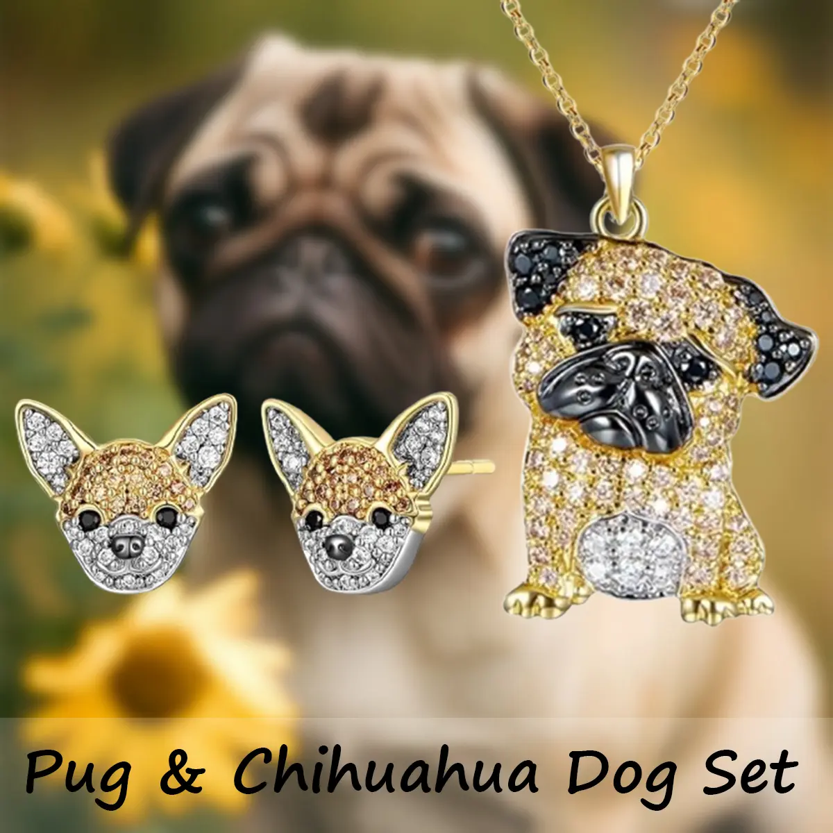 3-Piece Pug & Chihuahua Jewelry Set in Golden Alloy, Cute Animal Necklace and Stud Earrings for Women & Girls, Birthday Gift, Cute Animals, Christmas, Family, Casual