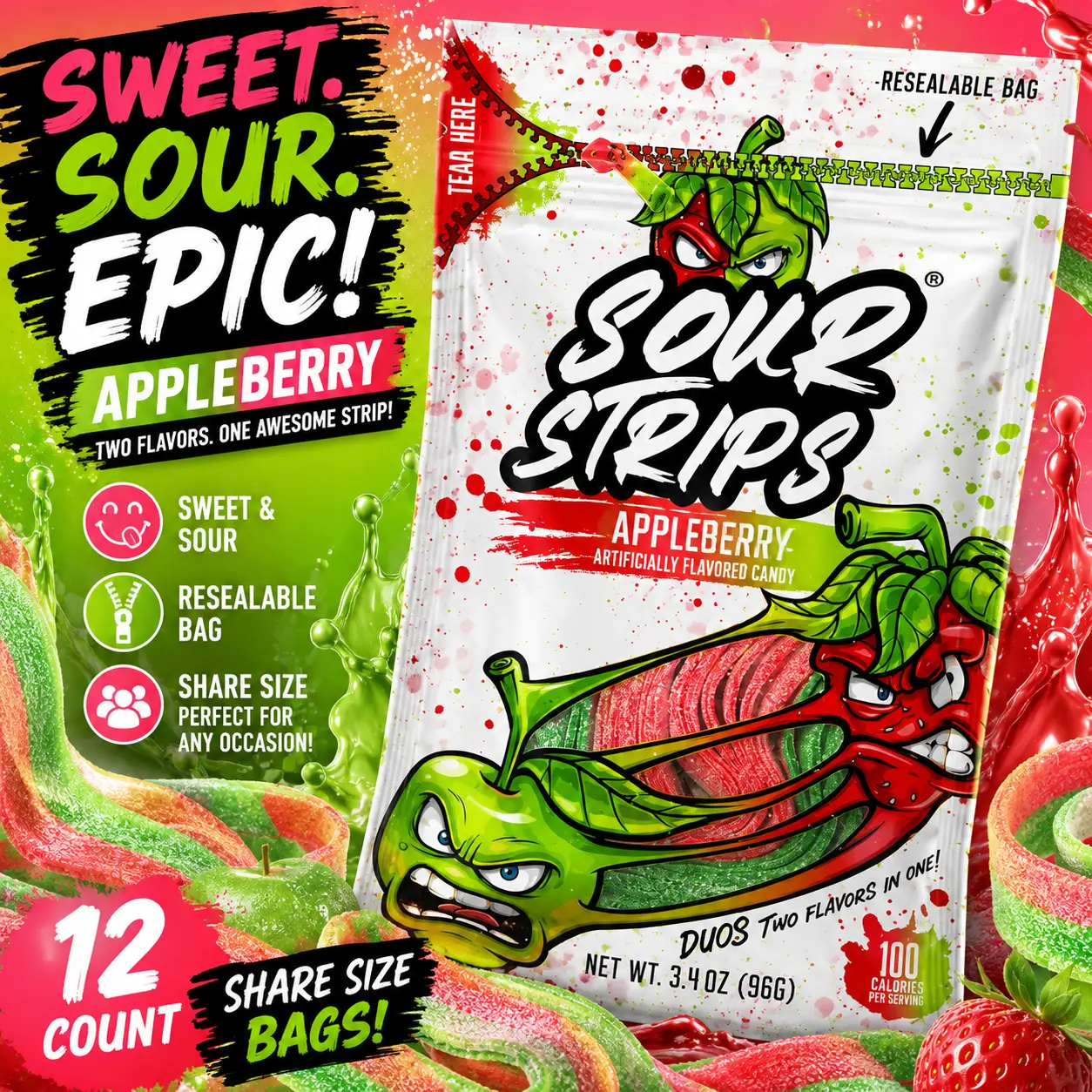 Sour Strips Appleberry Sour Candy Belts 3.4 oz 12 Count  Sweet & Sour Chewy Candy Strips | Resealable Peg Bags for Snacking & Sharing
