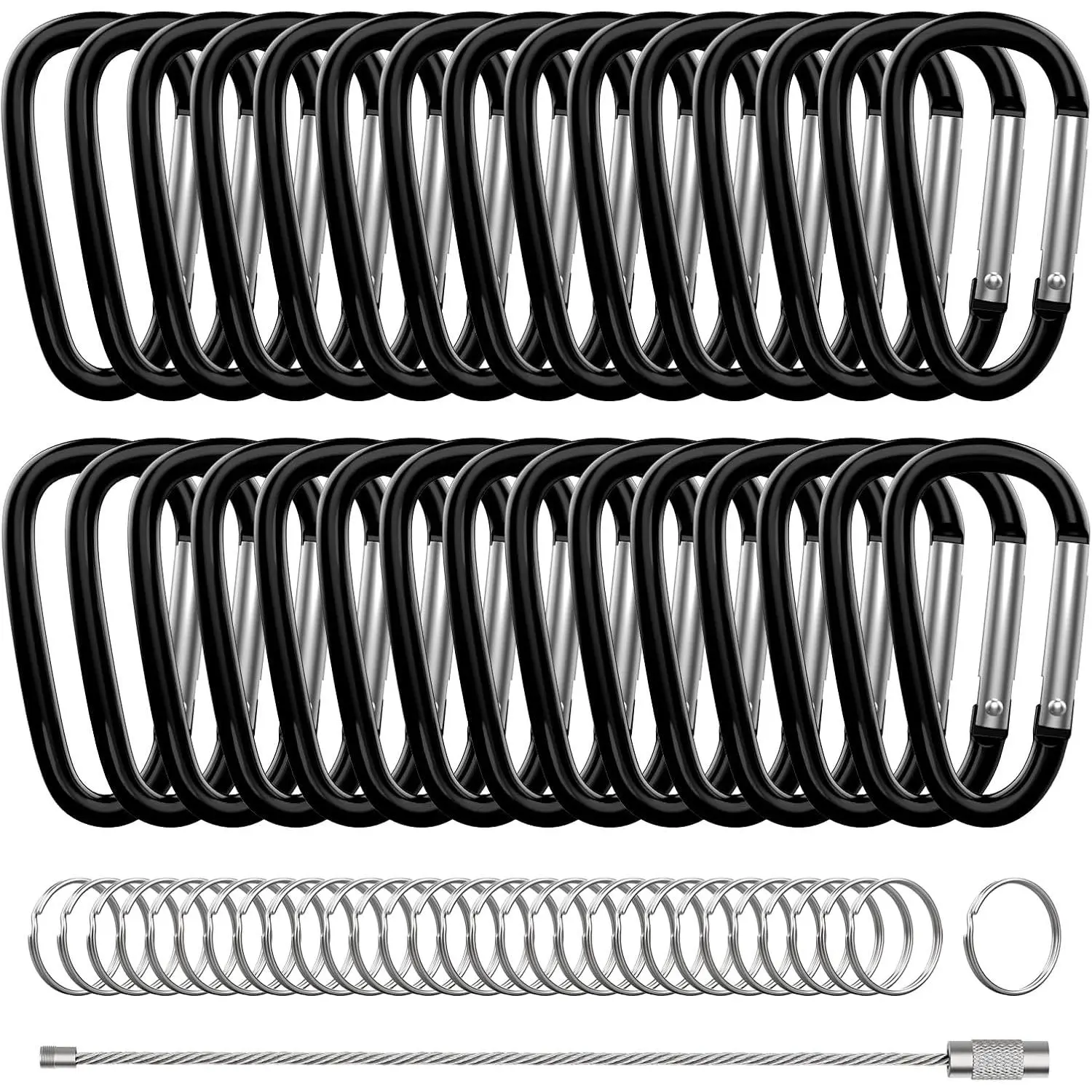 30 count Aluminum Carabiner Clips, 2" D Shape Spring Snap Hooks Carabiner with 30 count Keyring  Hook