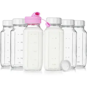 16 Oz Square Glass Milk Bottles with A  Cap, 6 Pack Glass Bottles for Juicing with Airtight , Drinking Bottles with  and Scale Mark, Breast Milk Storage Jug Easy to Carry
